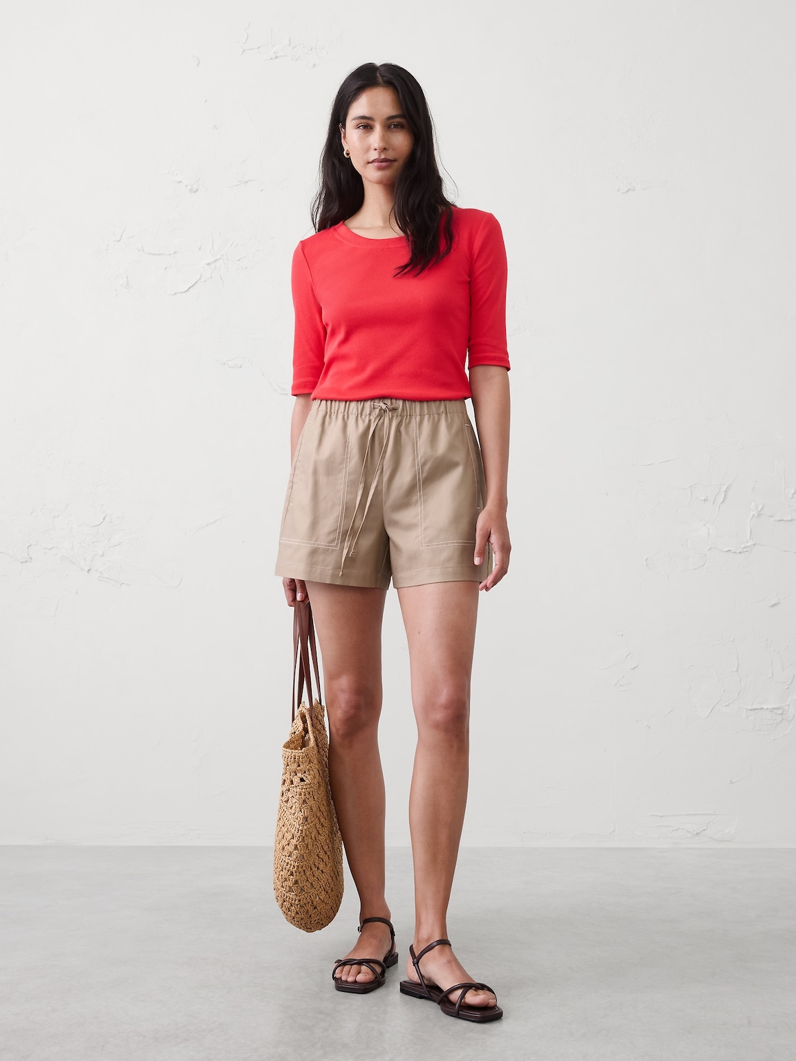 Ribbed Elbow-Sleeve T-Shirt