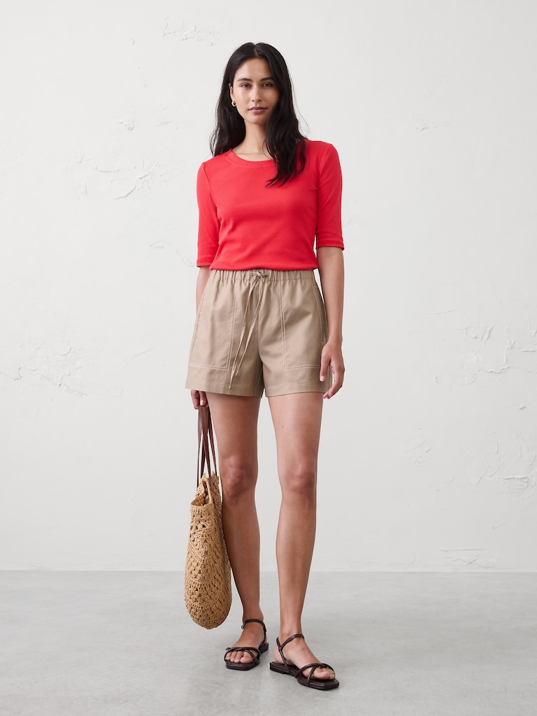 Ribbed Elbow-Sleeve T-Shirt