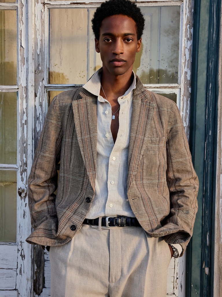Blazer à carreaux en mélange de coton et lin italien
