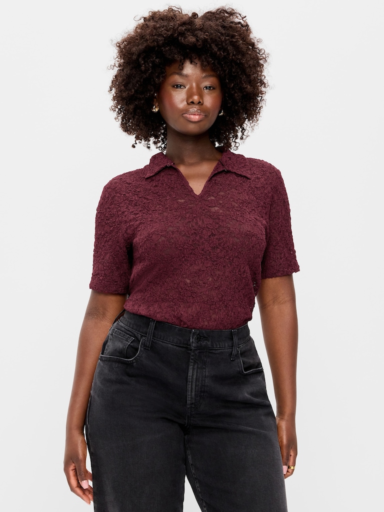 Lace Keyhole Polo Top