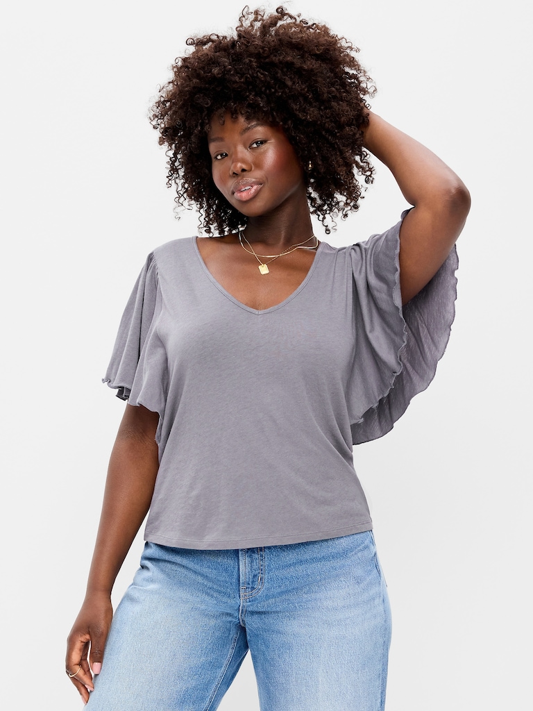 V-Neck Flutter Sleeve Top