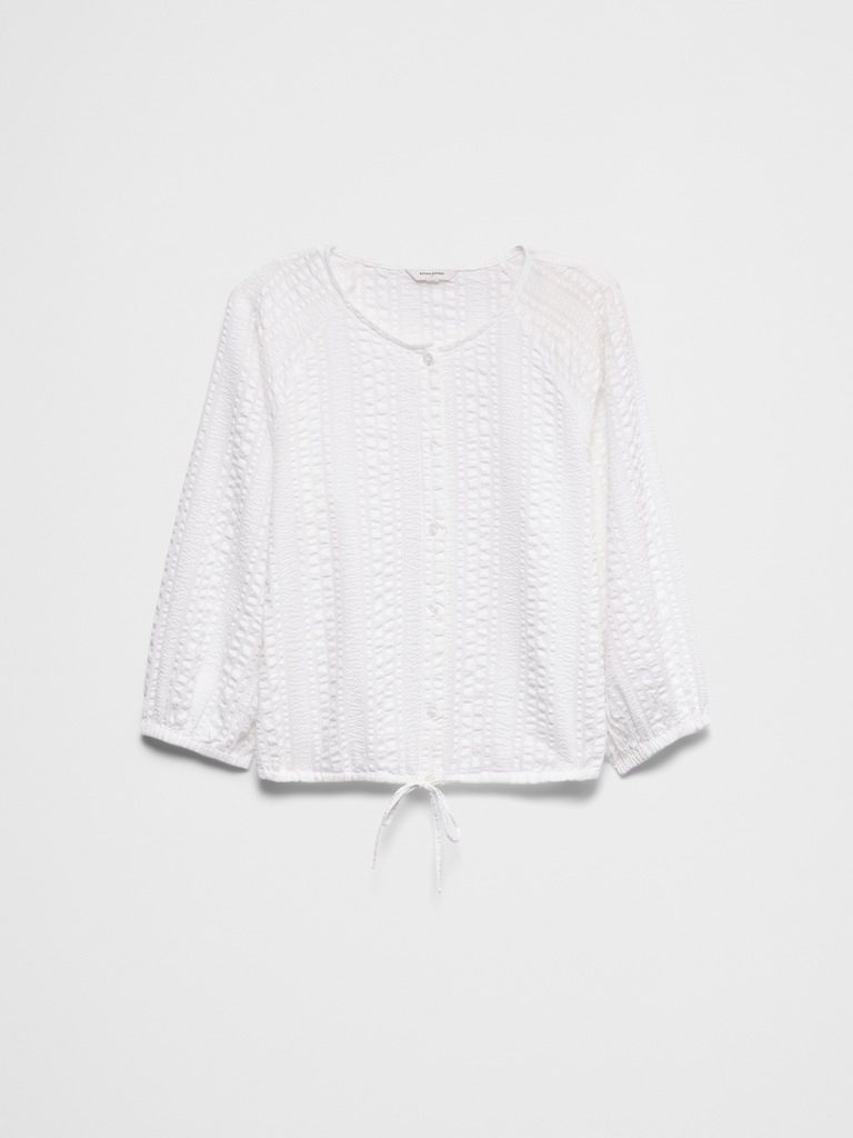 Blouson-Sleeve Buttoned Cloud Check Top