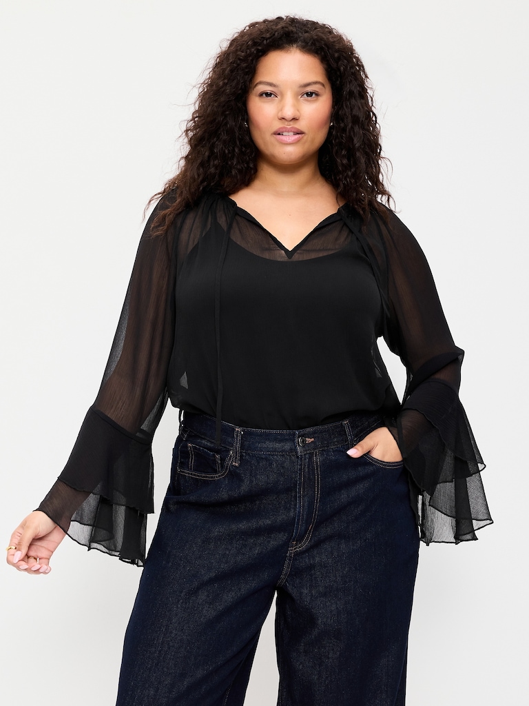 Drapey Chiffon Bell-Sleeve Top