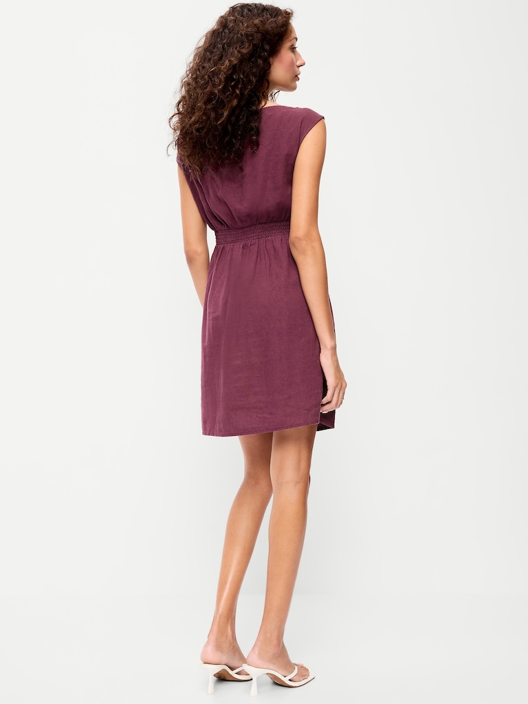 Asymmetrical Shoulder Linen-Blend Mini Dress