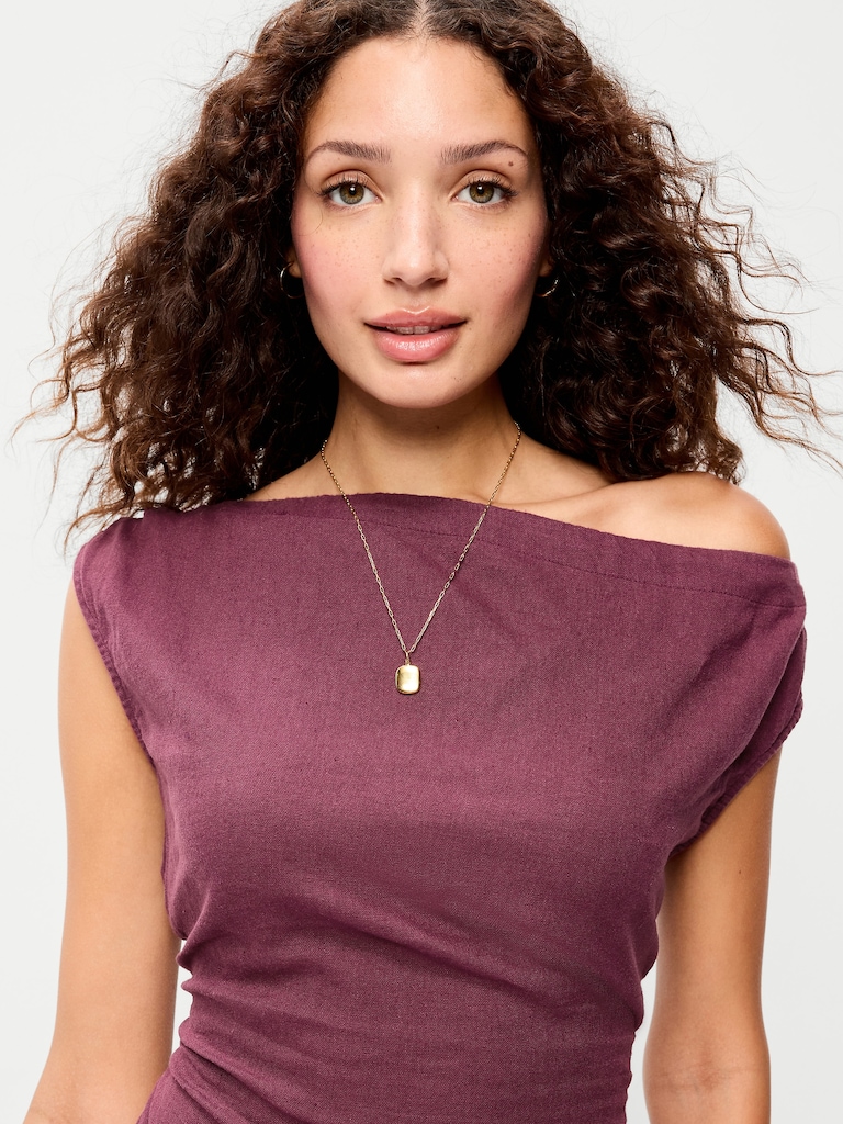 Asymmetrical Shoulder Linen-Blend Mini Dress