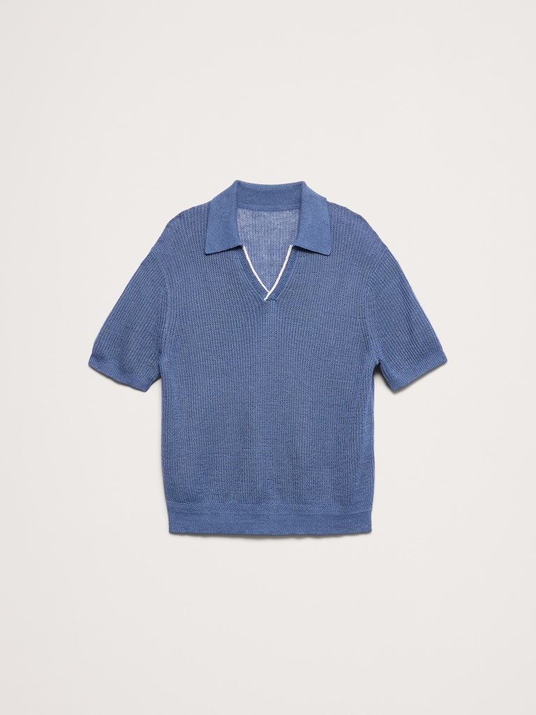Linen-Cotton Johnny-Collar Sweater Polo