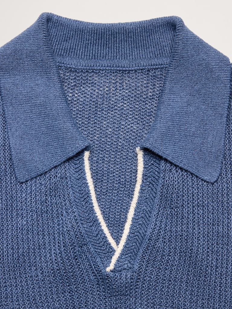 Linen-Cotton Johnny-Collar Sweater Polo