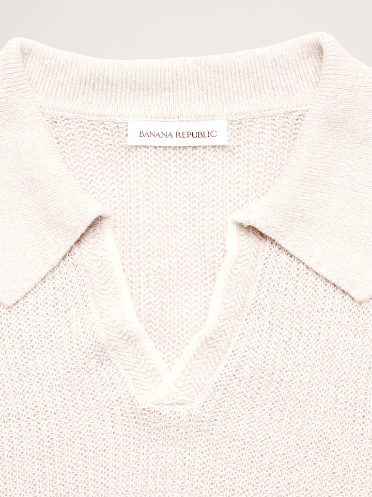Linen-Cotton Johnny-Collar Sweater Polo