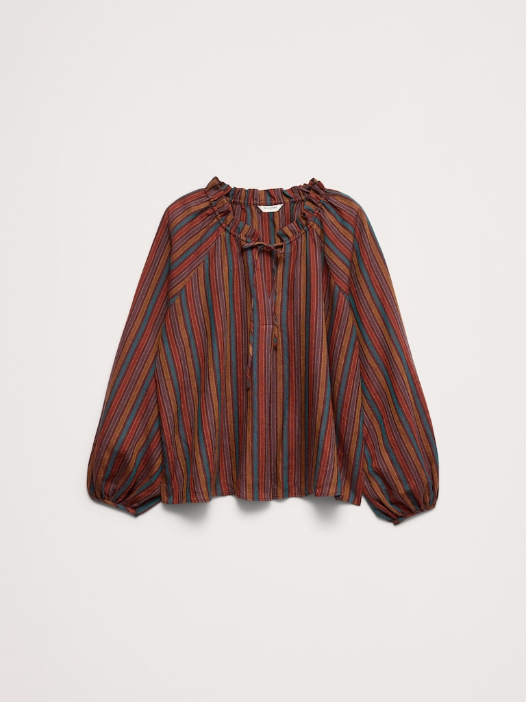 Linen Ruffle-Neck Top