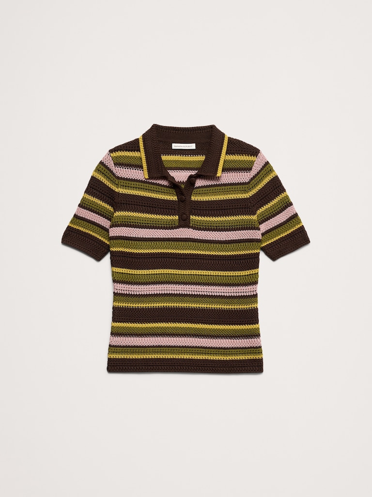 Crochet Stripe Cotton Sweater Polo