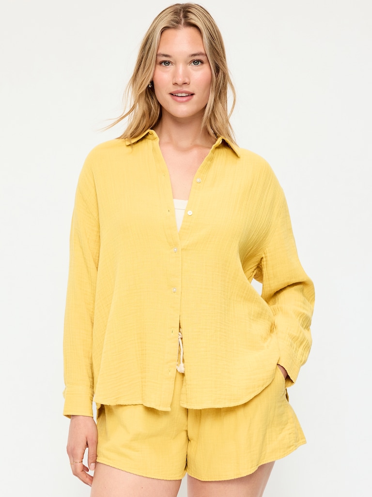 Open-Back Crinkle Gauze Button-Down Shirt