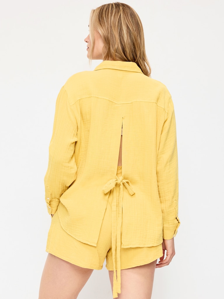 Open-Back Crinkle Gauze Button-Down Shirt