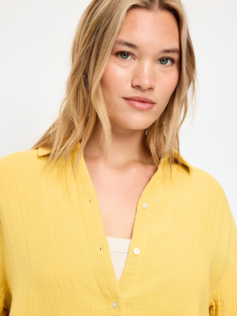 Open-Back Crinkle Gauze Button-Down Shirt