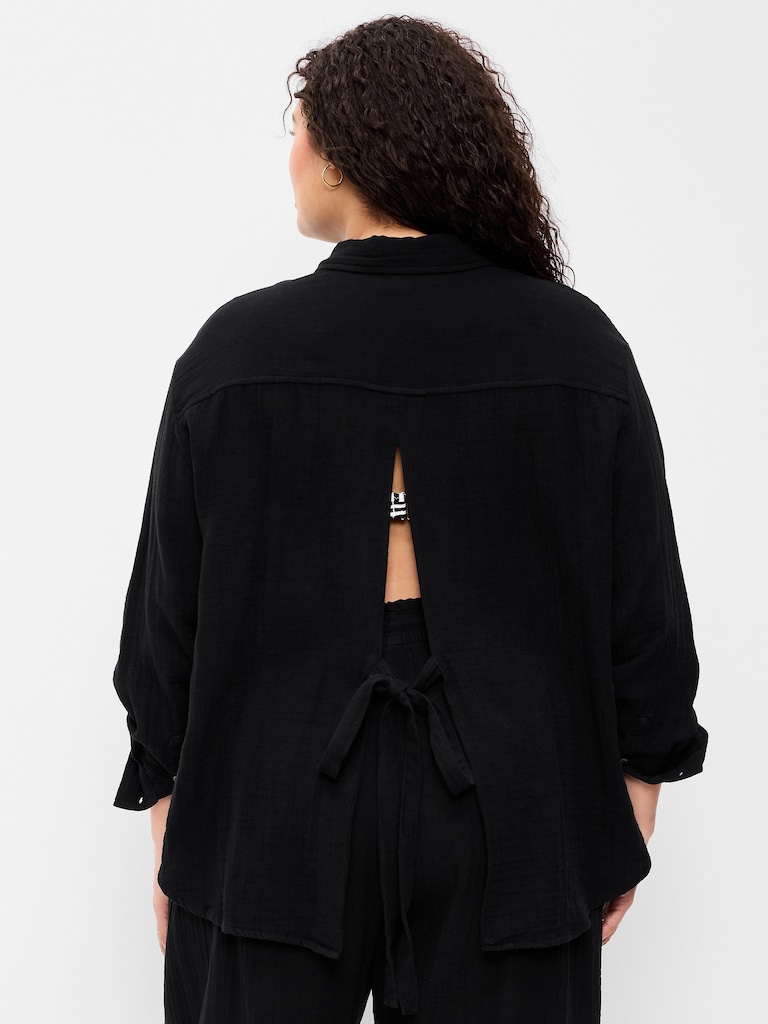 Open-Back Crinkle Gauze Button-Down Shirt