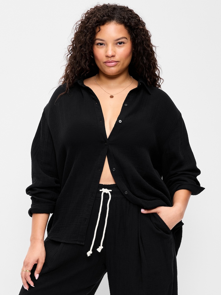 Open-Back Crinkle Gauze Button-Down Shirt