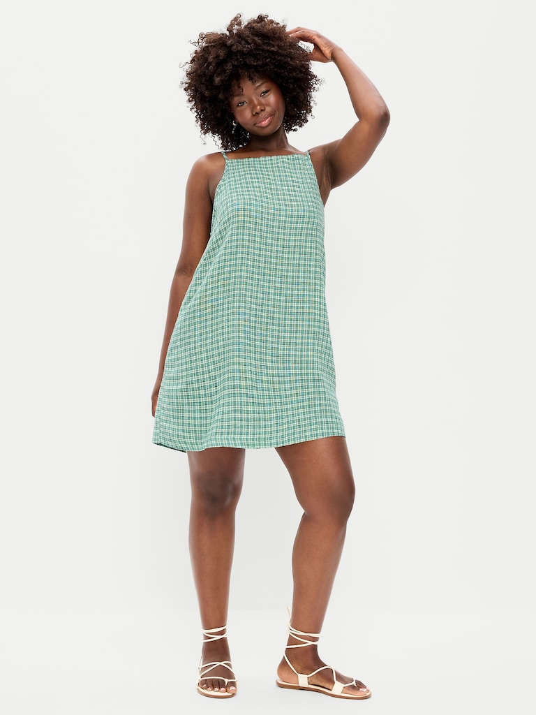 Linen-Blend Apron-Neck Mini Shift Dress