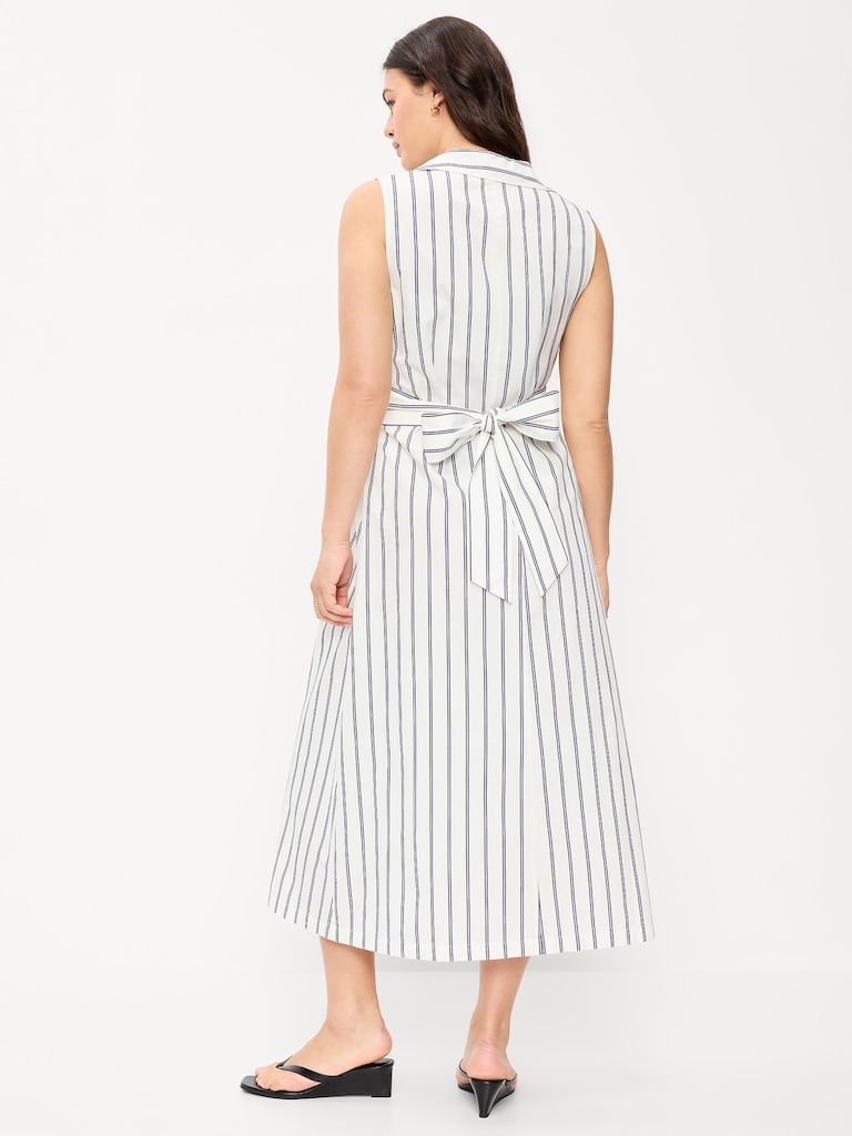 Sleeveless Wrap-Waist Midi Shirt Dress