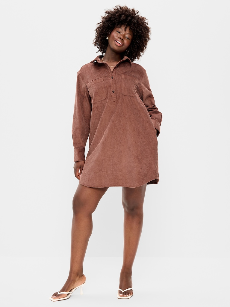 Long-Sleeve Button-Down Mini Shirt Dress