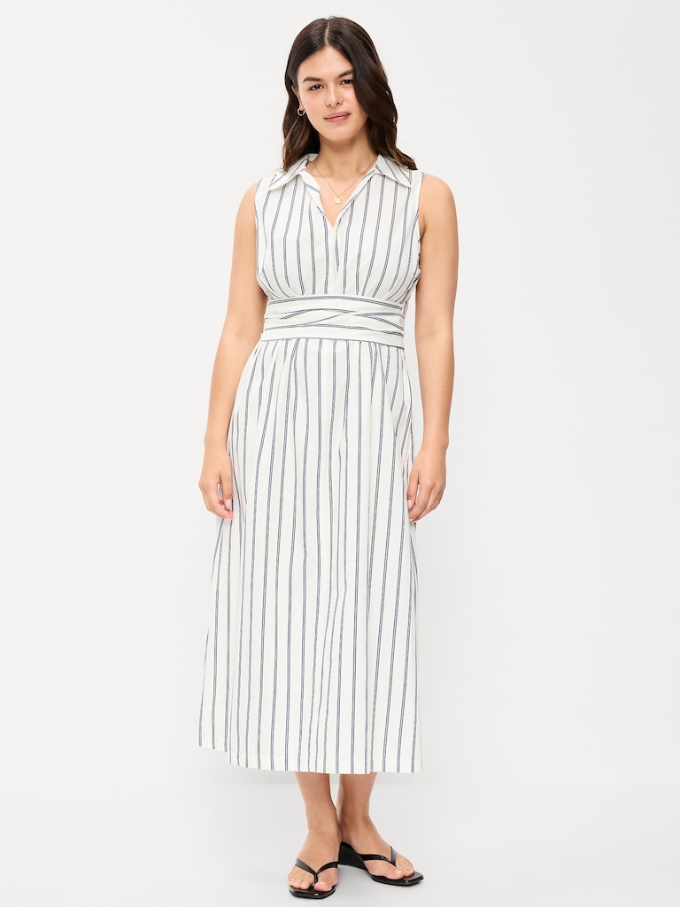 Sleeveless Wrap-Waist Midi Shirt Dress