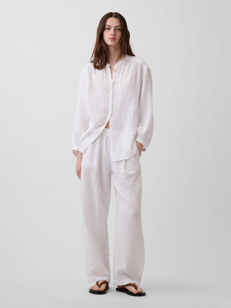 Cotton Gauze Oversized Collarless Shirt