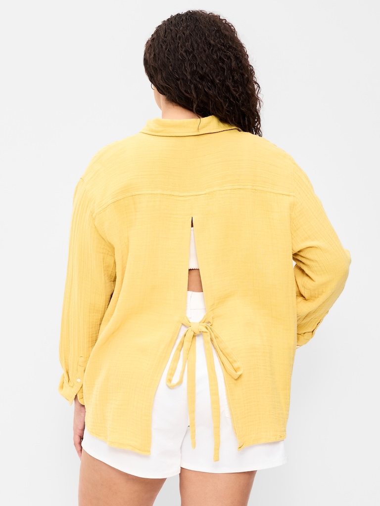 Open-Back Crinkle Gauze Button-Down Shirt