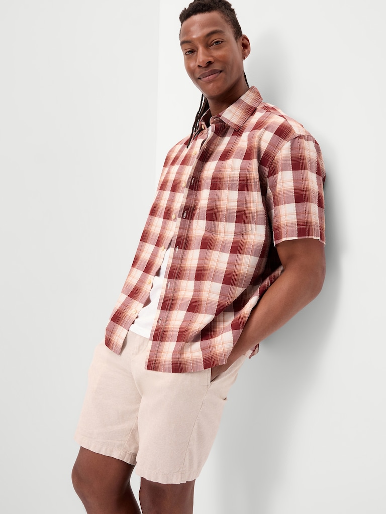 Loose Fit Textured Plaid Pocket Shirt