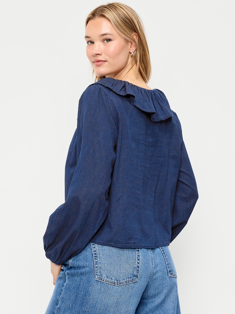 Long-Sleeve Ruffle Tie-Neck Top
