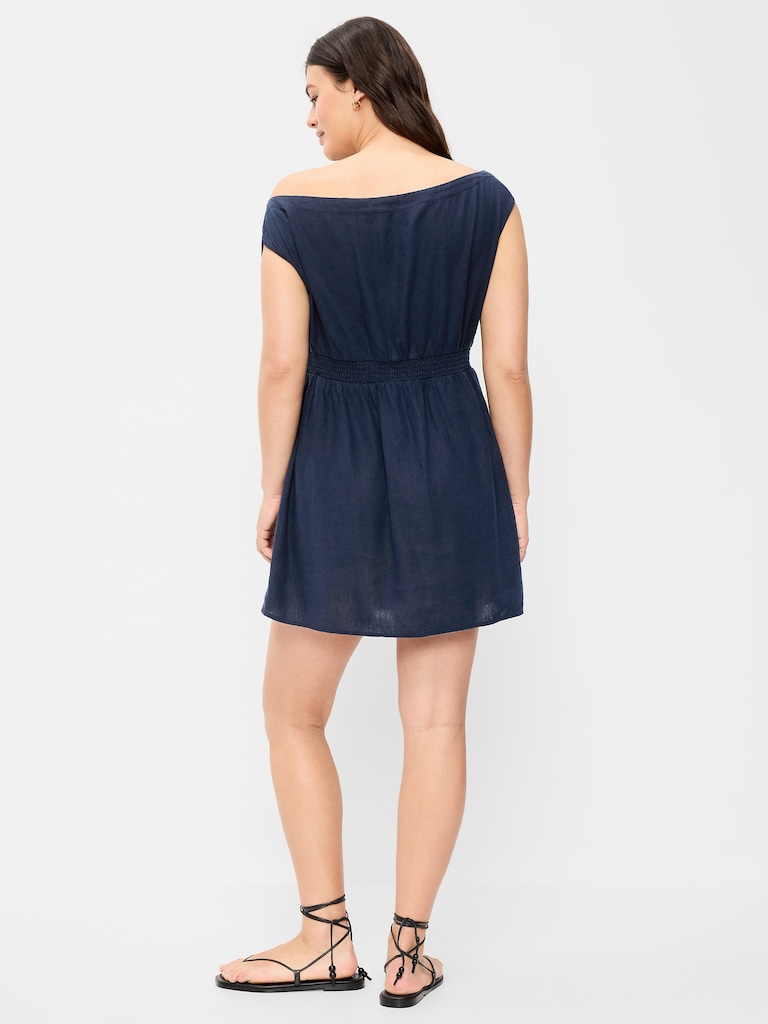 Asymmetrical Shoulder Linen-Blend Mini Dress