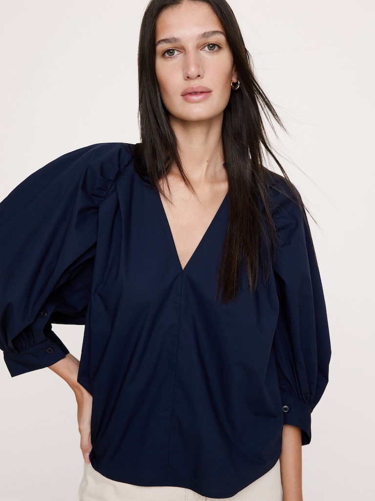 Cotton Poplin Split-Neck Top