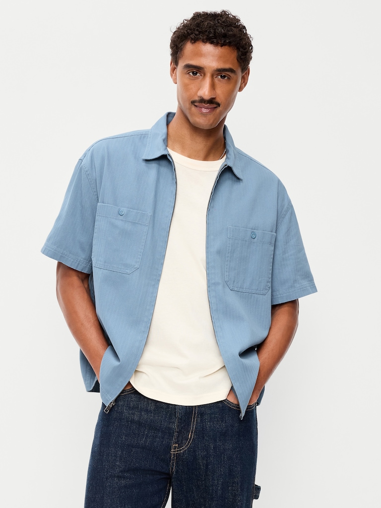 Loose Full-Zip Herringbone Workwear Shirt