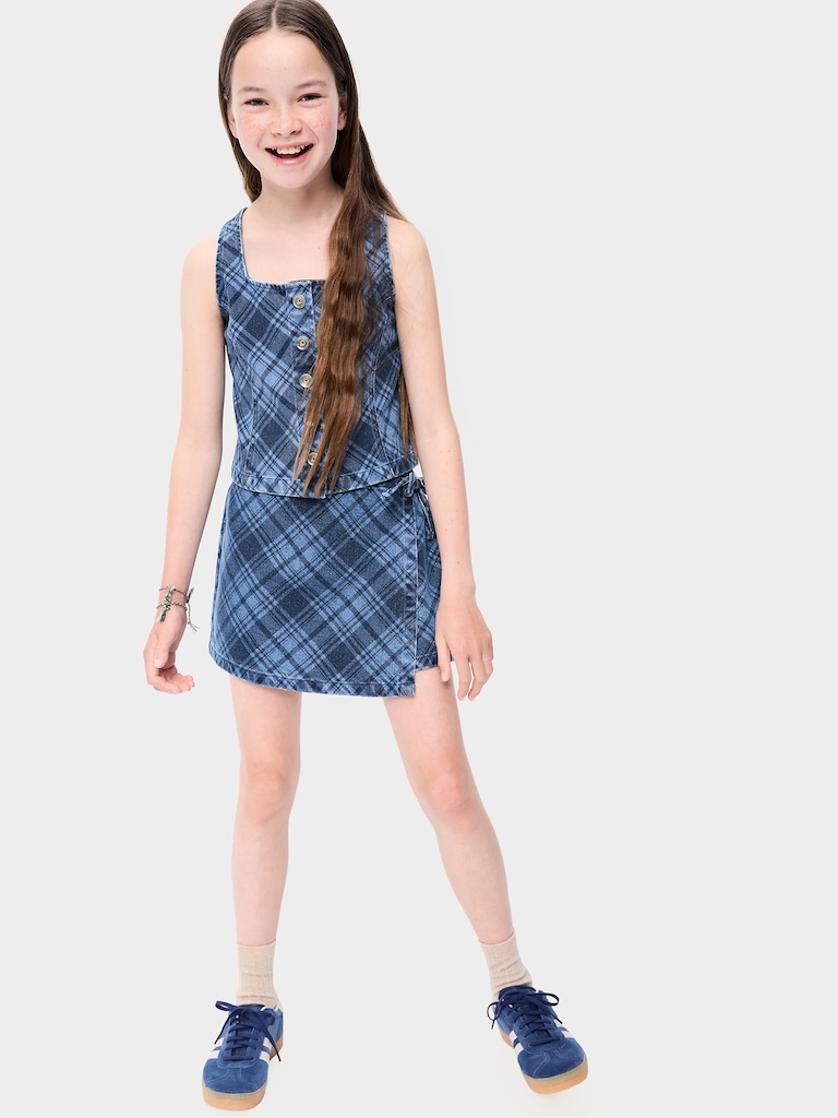 Wrap-Front Plaid Denim Skort for Girls