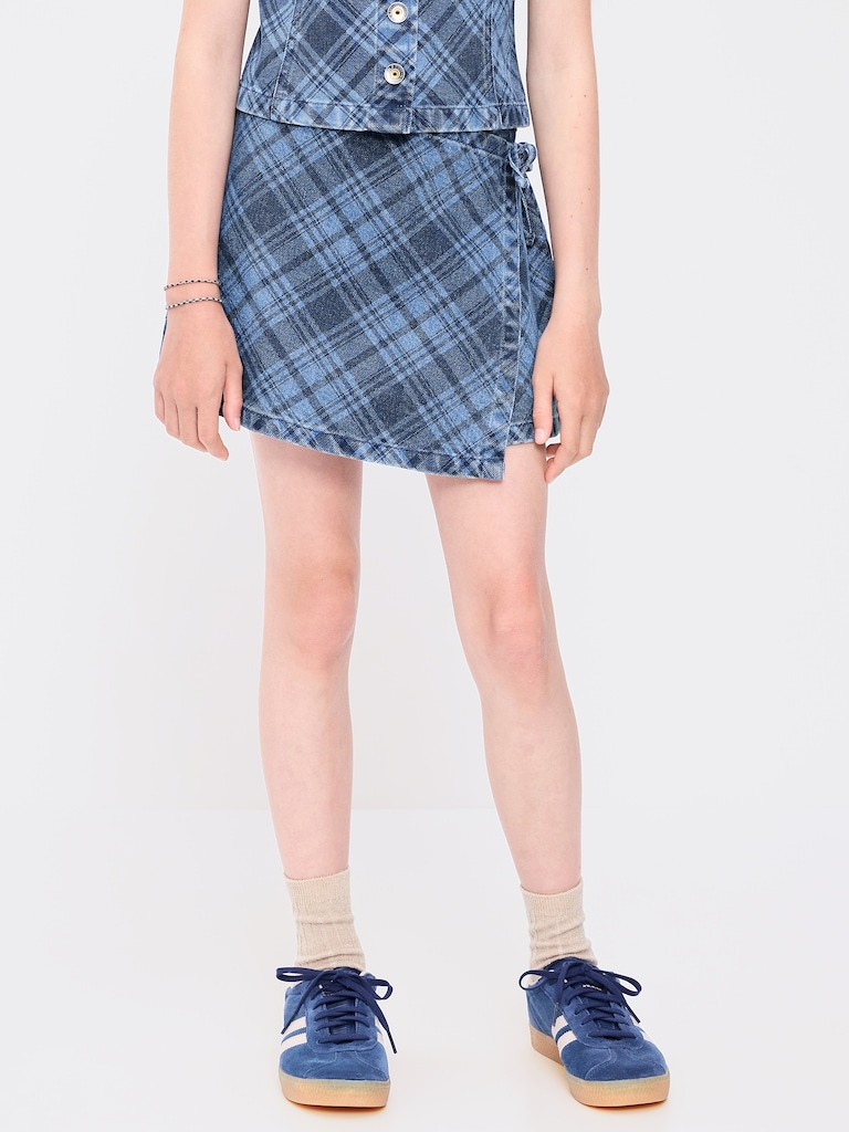 Wrap-Front Plaid Denim Skort for Girls