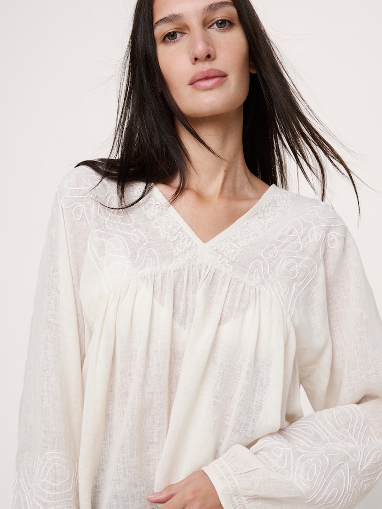 Embroidered Linen-Cotton Top