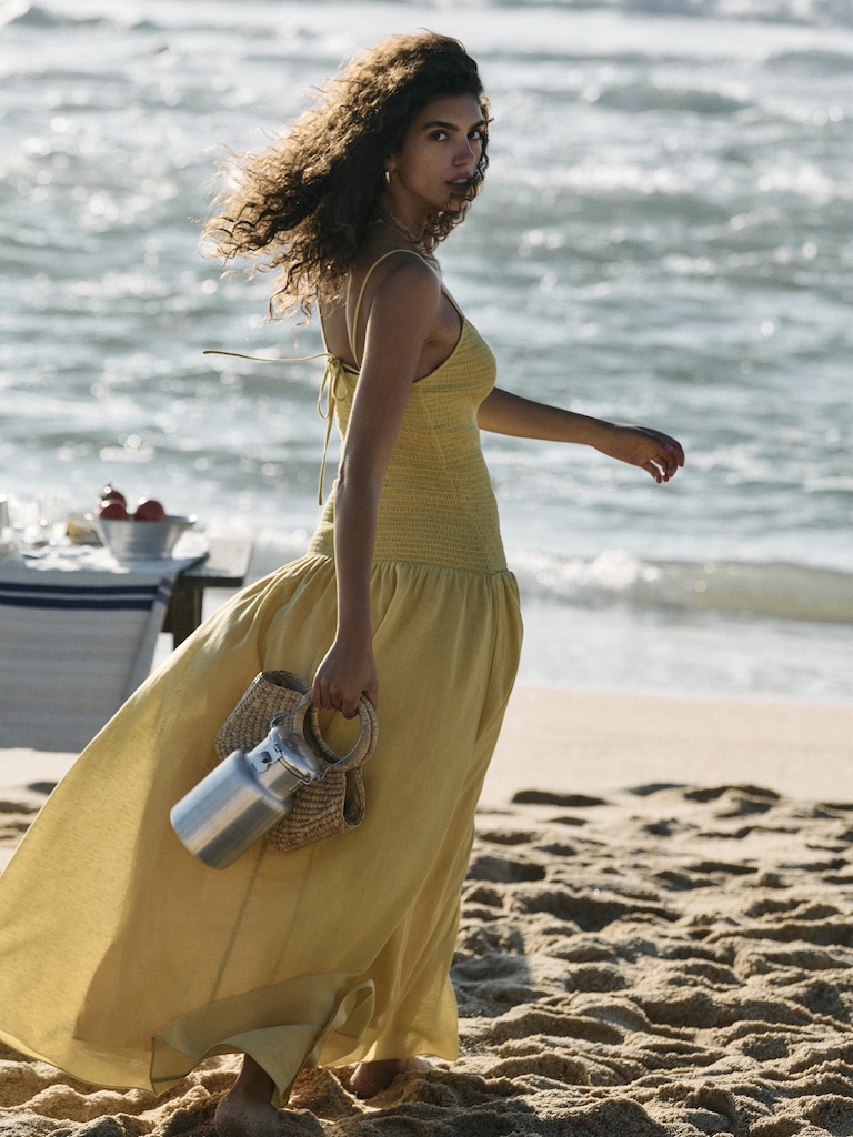 Linen-Cotton Gauze Smocked Maxi Dress
