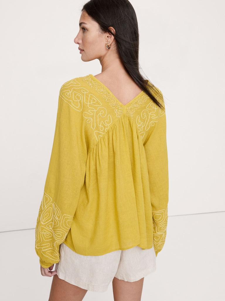 Embroidered Linen-Cotton Top