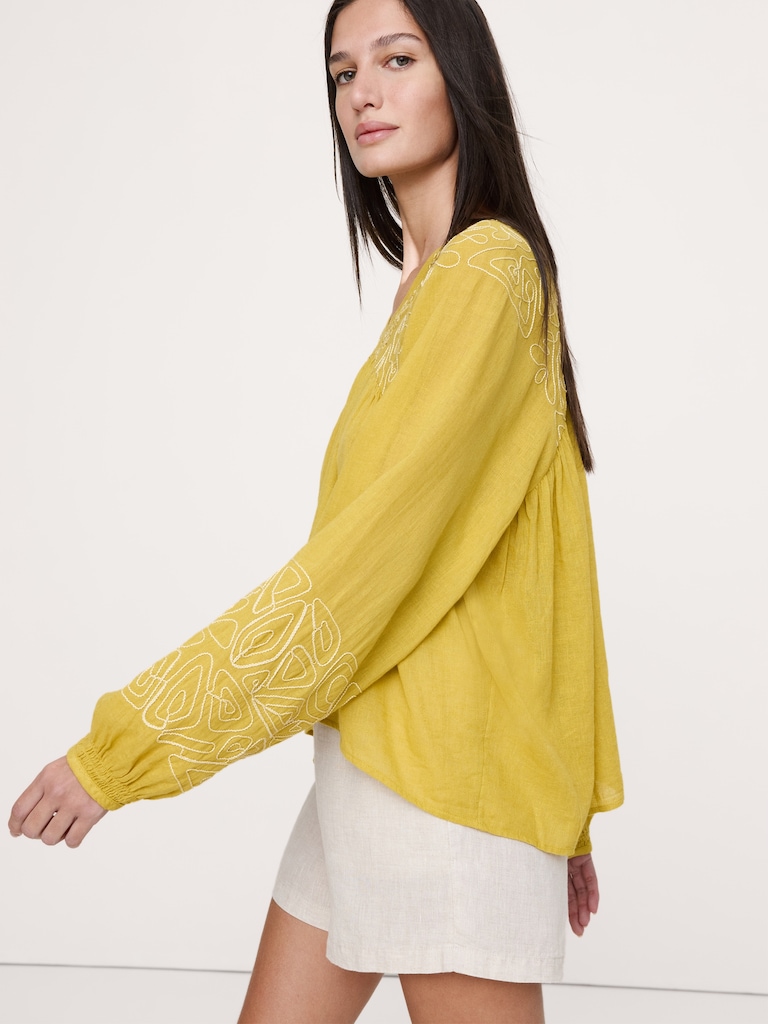 Embroidered Linen-Cotton Top