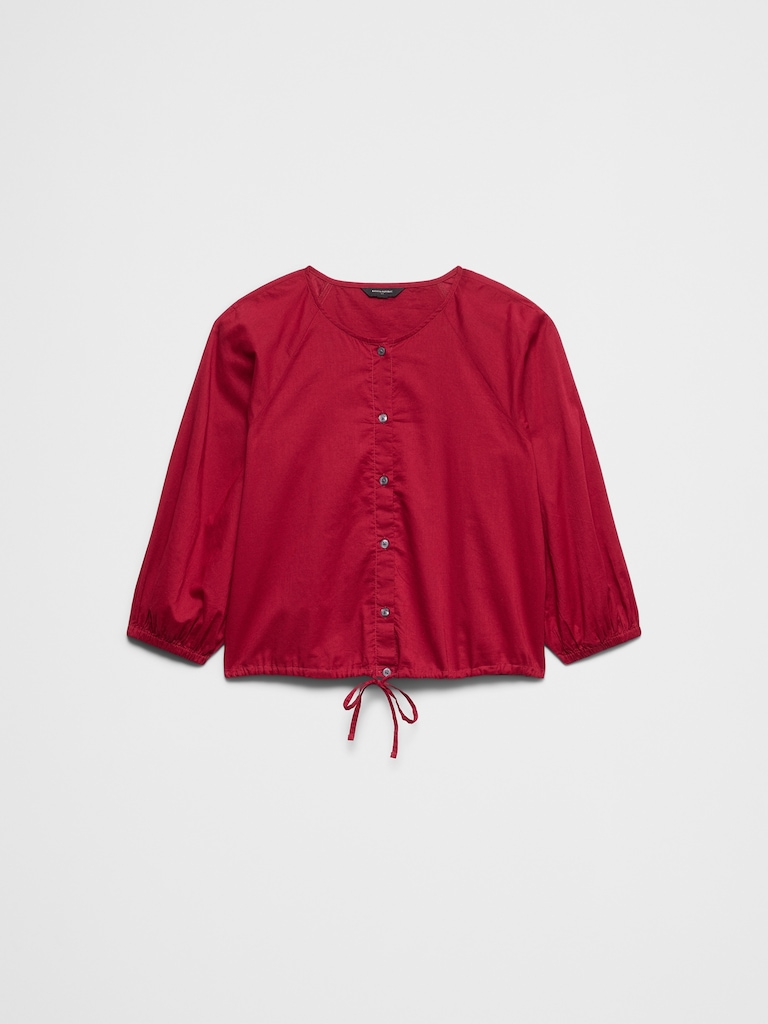 Voile Blouson-Sleeve Drawstring-Hem Top