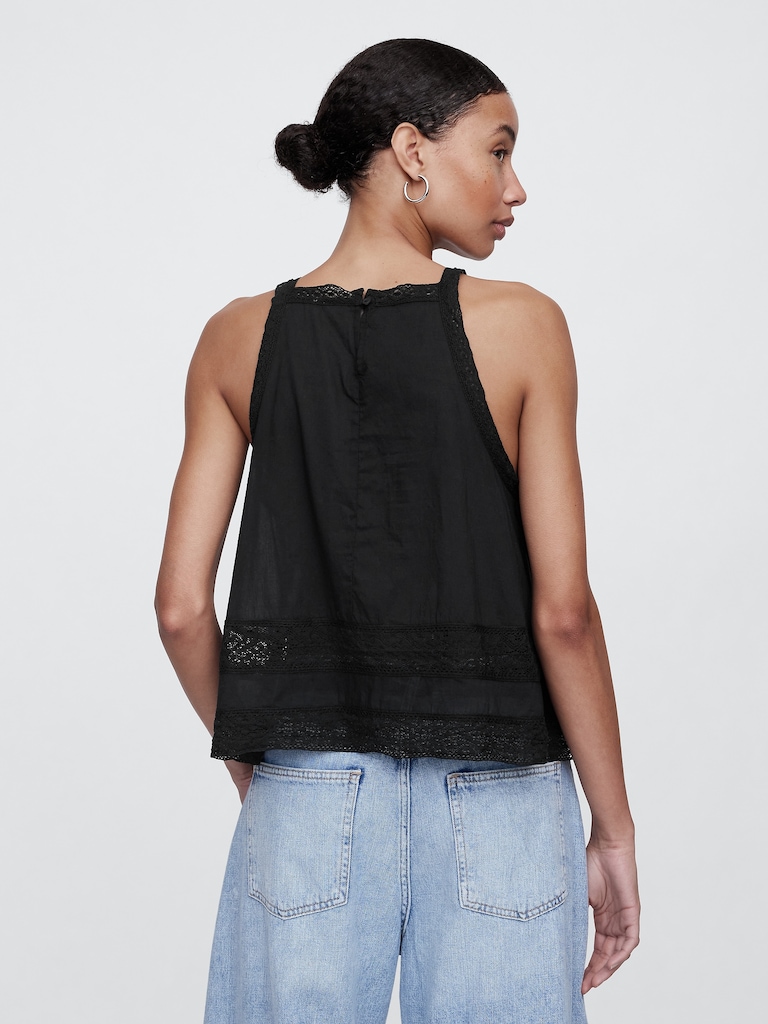 Relaxed Lace-Trim High-Neck Top