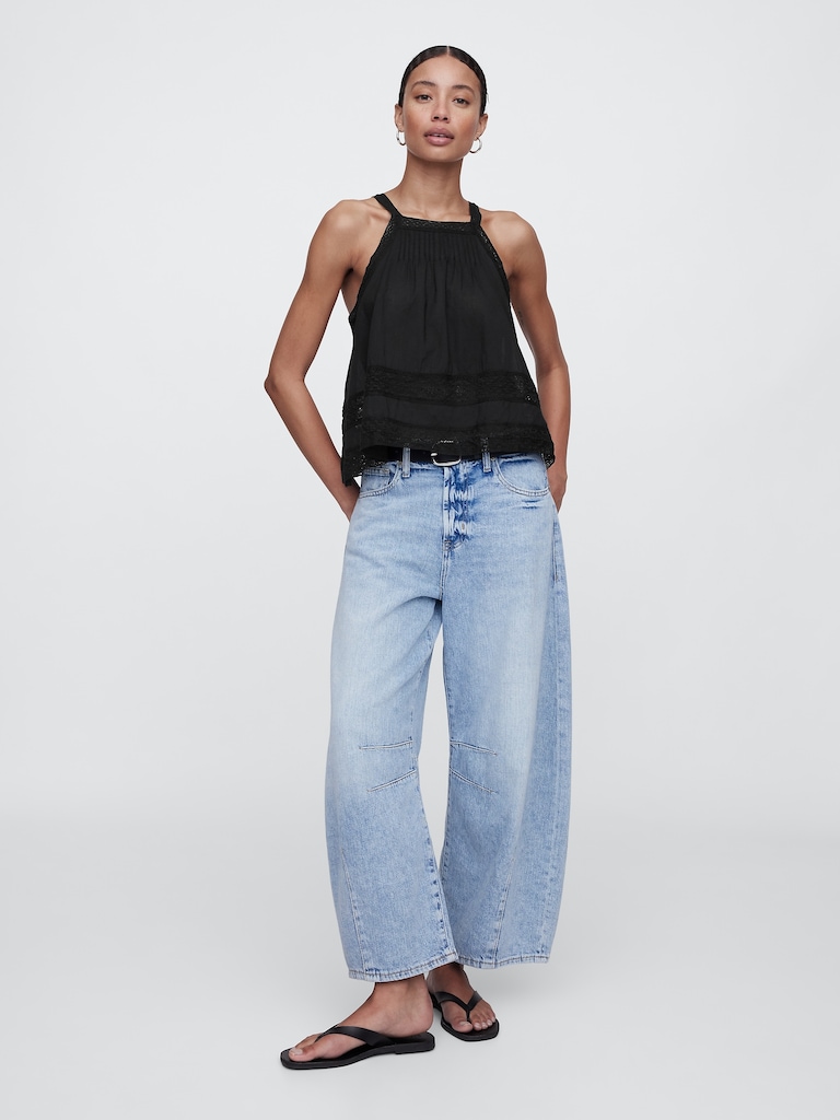 Relaxed Lace-Trim High-Neck Top