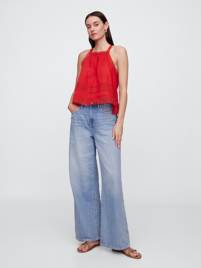 Relaxed Lace-Trim High-Neck Top