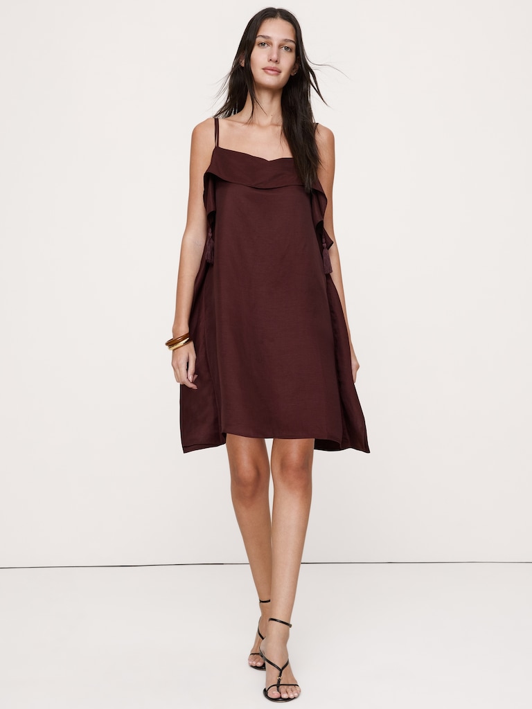 Viscose-Linen Tassel-Trim Mini Dress
