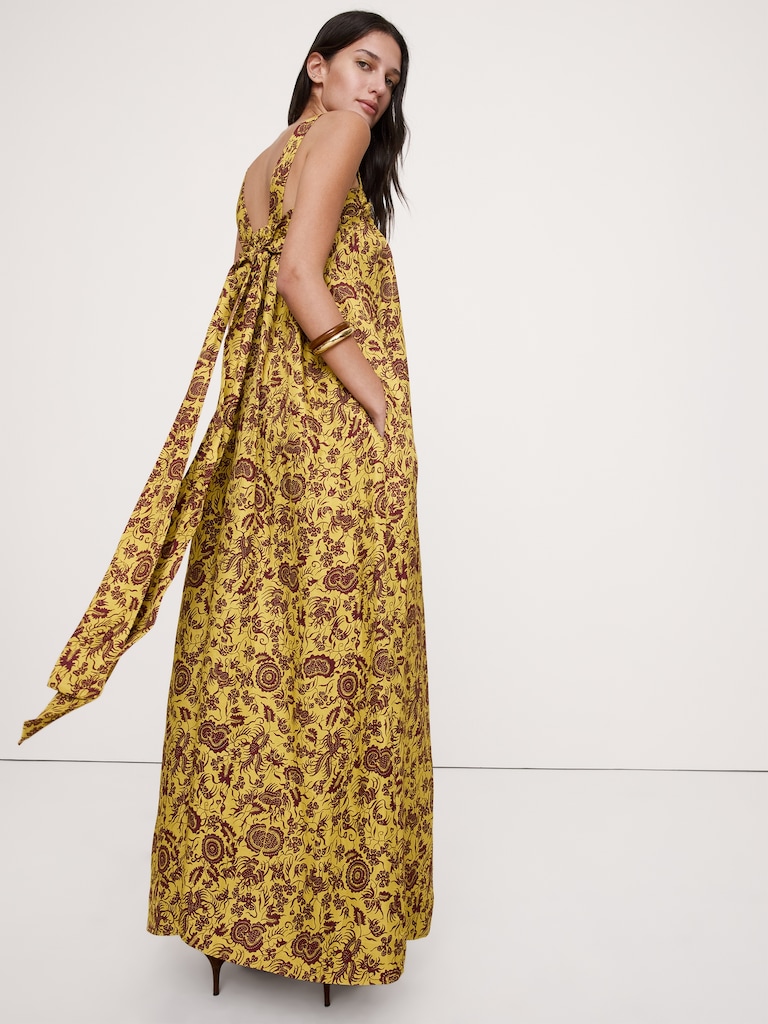 Viscose-Linen Gathered Maxi Dress