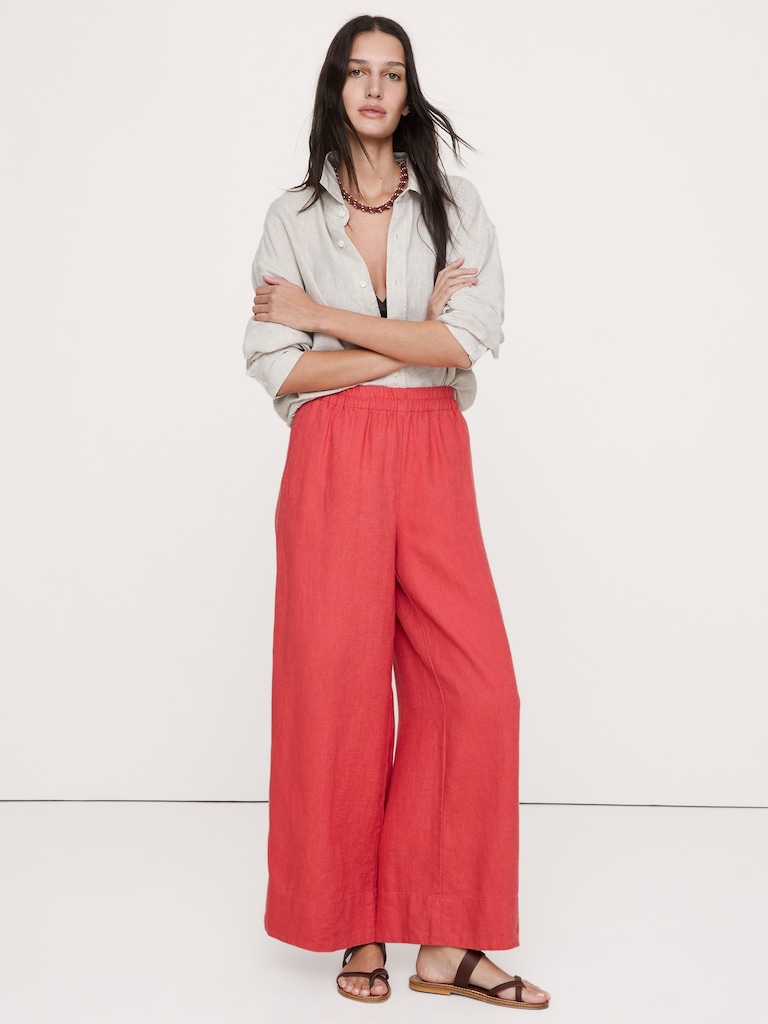 High-Rise Wide-Leg Linen Pull-On Ankle Pant