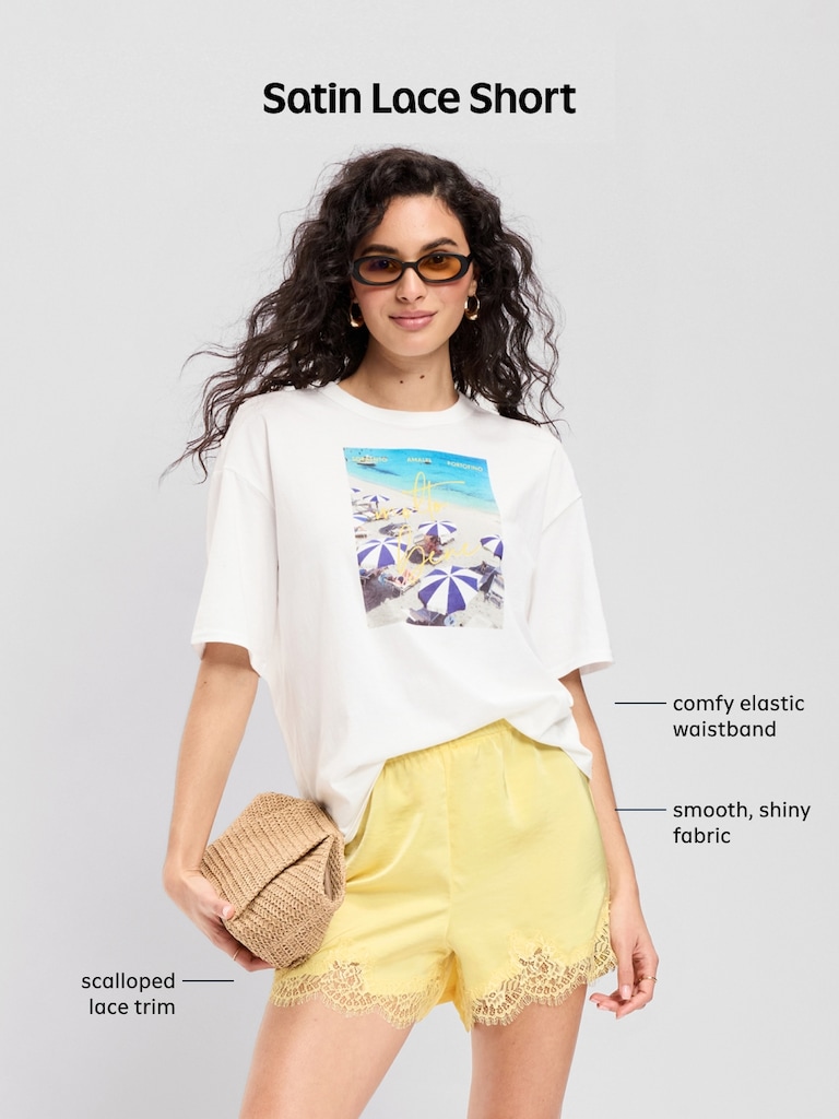 High-Waisted Lace-Trim Satin Shorts
