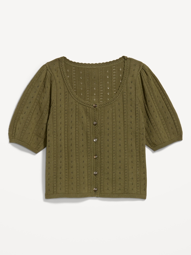 Seaside Cotton Short-Sleeve Button-Down Sweater