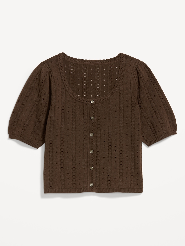Seaside Cotton Short-Sleeve Button-Down Sweater