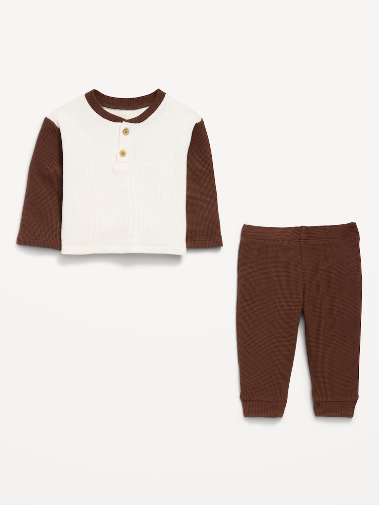 Long-Sleeve Waffle-Knit Henley Top and Pants Set for Baby