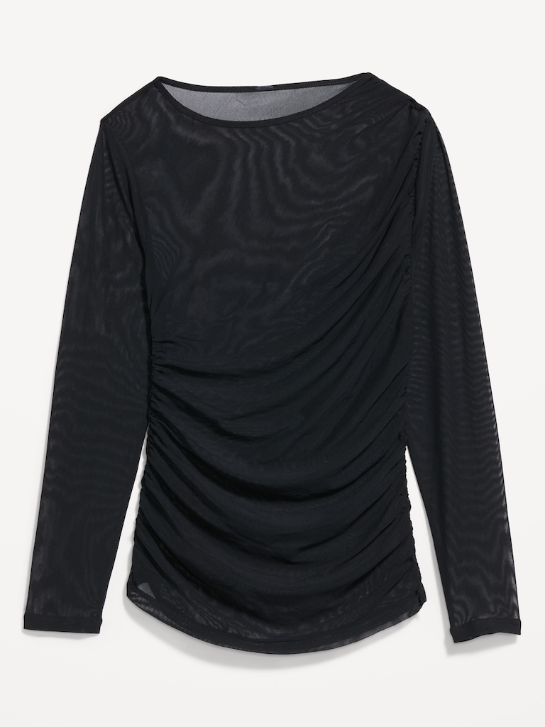 Long-Sleeve Draped Mesh Top