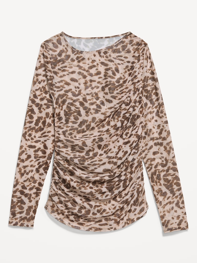 Long-Sleeve Draped Mesh Top