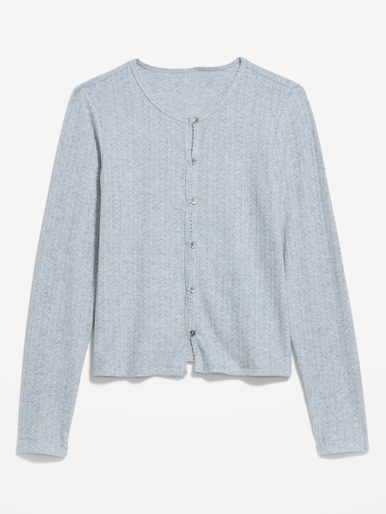 Long-Sleeve Button-Front Pointelle Top